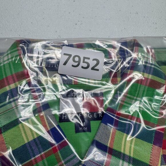 Vintage Tommy Hilfiger Shirt Mens Medium Green Plaid Crest 90s Y2K Camp Casual - Picture 13 of 13